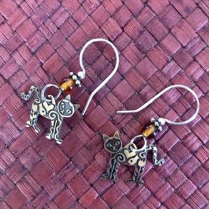 Vintage Whimsical Cat Dangle Earrings Gold Tone Folk Art Style Amber Bead